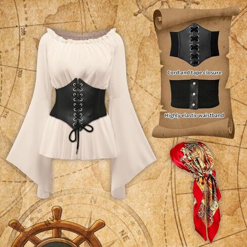 Women's Pirate Costumes Blouse Top Corset Waist Belt, Renaissance Medieval Top Costume, Off Shoulder Pirate Shirt in Kuwait