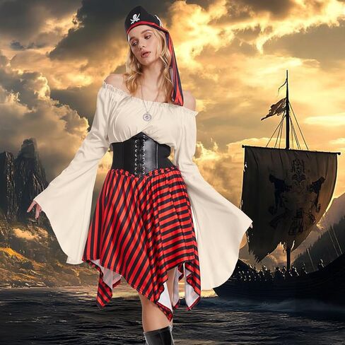 Women's Pirate Costumes Blouse Top Corset Waist Belt, Renaissance Medieval Top Costume, Off Shoulder Pirate Shirt in Kuwait