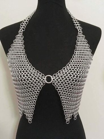 أعلى رسن Chainmail من العصور الوسطى، حلقات معدنية 9 مم، حمالة صدر مدرعة فضية، ملحق زي LARP in Kuwait