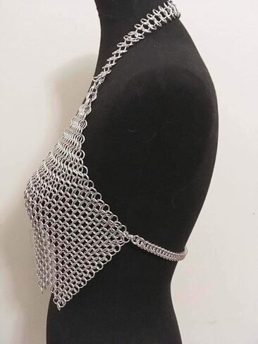 أعلى رسن Chainmail من العصور الوسطى، حلقات معدنية 9 مم، حمالة صدر مدرعة فضية، ملحق زي LARP in Kuwait