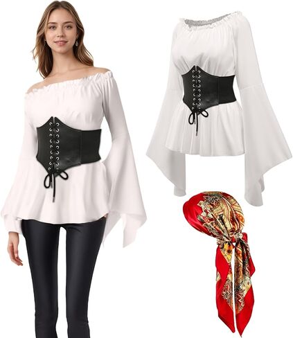 Women's Pirate Costumes Blouse Top Corset Waist Belt, Renaissance Medieval Top Costume, Off Shoulder Pirate Shirt in Kuwait