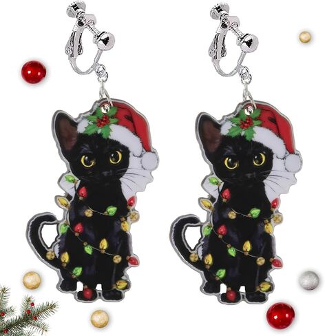 Christmas Clip On Earrings for Women, Non Pierced Dangle Jewelry, Black Pet Cute Cat Sock Stocking Retro Acrylic Holiday Festive Dangle Earrings in Saudi Arabia