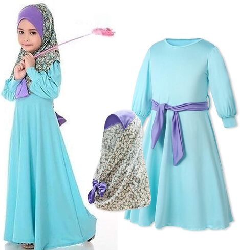 Toddler Girls Muslim Abaya Prayer Dress with Hijab Set 2 Piece Baby Soft Islamic Maxi Dress Floral Kaftan Dubai Eid Outfits in Saudi Arabia