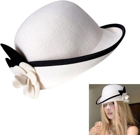 Vintage Fedoras Hat For Women Theme Party Caps With Roll Brim Flower Wool Bowler For Halloween Party Cosplay Accessory Bowler in Saudi Arabia