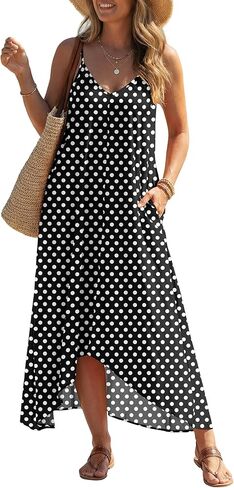 LILBETTER Women V-Neck Polka Dot Print Spaghetti Strap Boho Long Maxi Dresses in Kuwait