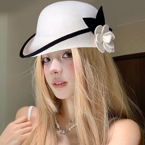 Vintage Fedoras Hat For Women Theme Party Caps With Roll Brim Flower Wool Bowler For Halloween Party Cosplay Accessory Bowler in Saudi Arabia