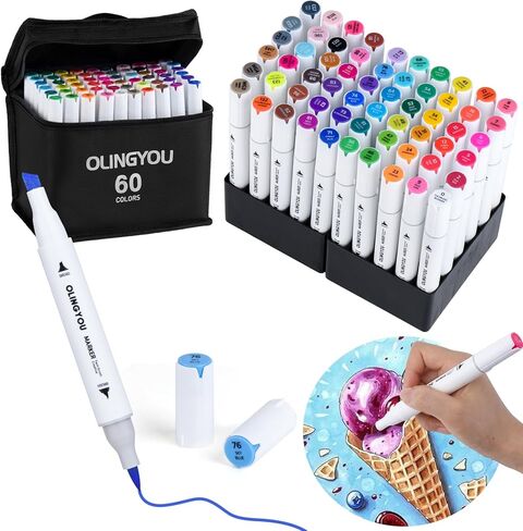 alcohol markers brush tip, 60 Colors Brush & Chisel Permanent Alcohol Markers Set, Dual Tip Art Markers Set for Kids Adult Coloring, Sketching Drawing Coloring Markers, Alcohol Based Markers in Kuwait