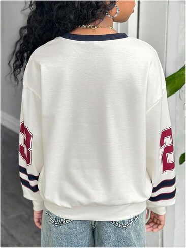 SweatyRocks Girl's Color Block Number Letter Graphic Sweatshirts Long Sleeve V Neck Pullover Tops in Saudi Arabia