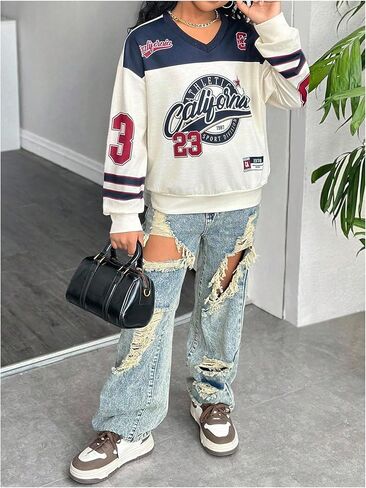SweatyRocks Girl's Color Block Number Letter Graphic Sweatshirts Long Sleeve V Neck Pullover Tops in Saudi Arabia