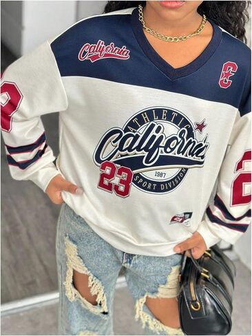 SweatyRocks Girl's Color Block Number Letter Graphic Sweatshirts Long Sleeve V Neck Pullover Tops in Saudi Arabia