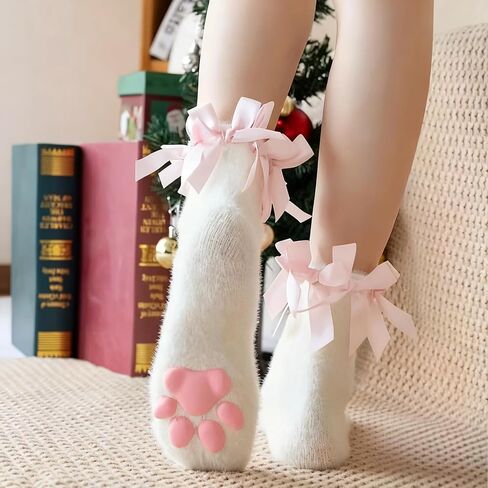 SIROLISA Fuzzy Short Cat Paw Socks, Soft 3D Paw Pad Toe Beans Stockings for Women in Saudi Arabia