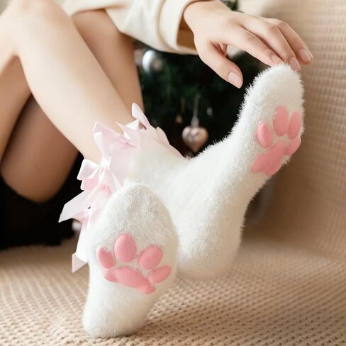 SIROLISA Fuzzy Short Cat Paw Socks, Soft 3D Paw Pad Toe Beans Stockings for Women in Saudi Arabia