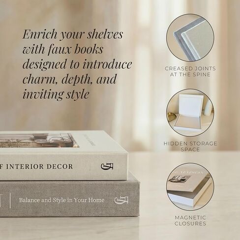 Decorative Fake Books for Home Decor – Set of 2 Linen Faux Book Storage Boxes with Hidden Storage to Reduce Visible Clutter, Coffee Table & Bookshelf Decor for Living Room Styling in Saudi Arabia