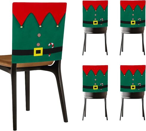 Christmas Elf Chair Covers - Kitchen Dining Chair Back Decor with Jingle Bells, Candy Canes & Belt Buckle Design, Holiday Party Home Decorations, Set of 4 in Saudi Arabia