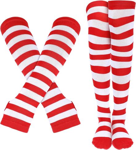Red and White Striped Socks Set, Including Candy Cane Knee High Socks and Fingerless Striped Arm Warmer Long Gloves for Women Girls Christmas Outfit Sports Holiday Themed Party in Saudi Arabia