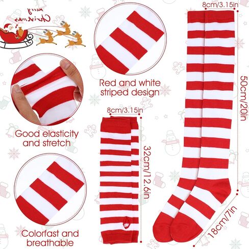 Red and White Striped Socks Set, Including Candy Cane Knee High Socks and Fingerless Striped Arm Warmer Long Gloves for Women Girls Christmas Outfit Sports Holiday Themed Party in Saudi Arabia