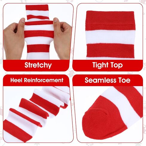 Red and White Striped Socks Set, Including Candy Cane Knee High Socks and Fingerless Striped Arm Warmer Long Gloves for Women Girls Christmas Outfit Sports Holiday Themed Party in Saudi Arabia