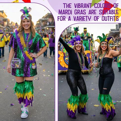 أغطية أحذية Liitrsh Mardi Gras لتدفئة الساق من الريش من Mardi Gras باللون الأرجواني والأخضر والأصفر لتدفئة الساق منفوش لحفلات الكرنفال والحفلات التنكرية والإكسسوارات in Kuwait