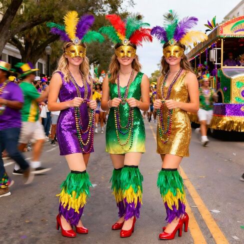 أغطية أحذية Liitrsh Mardi Gras لتدفئة الساق من الريش من Mardi Gras باللون الأرجواني والأخضر والأصفر لتدفئة الساق منفوش لحفلات الكرنفال والحفلات التنكرية والإكسسوارات in Kuwait