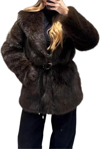 Women's Solid Faux Fur Adjustable Belt Long Sleeved Coat with Pockets Casual Warm Fluffy Coat in Saudi Arabia