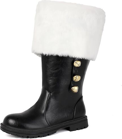 Christmas Santa Claus Men's Boots with Wide Calf & Zipper, Fuzzy White Cuff & Jingle Bells | Black Holiday Shoes for Xmas Party, Costume, Gift in Saudi Arabia