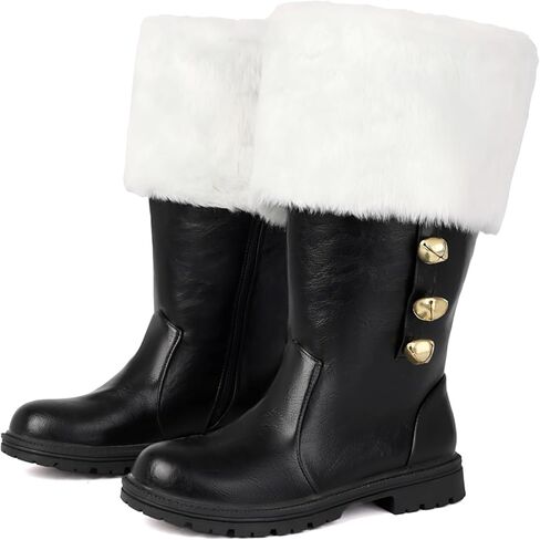 Christmas Santa Claus Men's Boots with Wide Calf & Zipper, Fuzzy White Cuff & Jingle Bells | Black Holiday Shoes for Xmas Party, Costume, Gift in Saudi Arabia