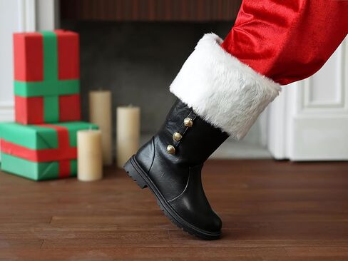 Christmas Santa Claus Men's Boots with Wide Calf & Zipper, Fuzzy White Cuff & Jingle Bells | Black Holiday Shoes for Xmas Party, Costume, Gift in Saudi Arabia