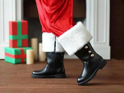 Christmas Santa Claus Men's Boots with Wide Calf & Zipper, Fuzzy White Cuff & Jingle Bells | Black Holiday Shoes for Xmas Party, Costume, Gift in Saudi Arabia
