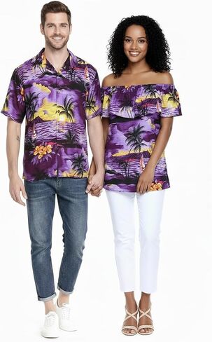 Matchable Couple Hawaiian Luau Shirt or Off-Shoulder Ruffle Muumuu Top in Sunset Purple in Saudi Arabia