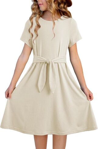 blibean Girls Summer Dress Short Sleeve Tie Knot Sun Dresses with Pockets Size 6-15 Years in Saudi Arabia