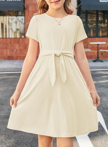 blibean Girls Summer Dress Short Sleeve Tie Knot Sun Dresses with Pockets Size 6-15 Years in Saudi Arabia