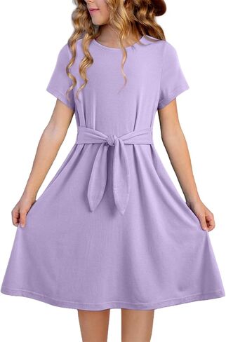 blibean Girls Summer Dress Short Sleeve Tie Knot Sun Dresses with Pockets Size 6-15 Years in Saudi Arabia