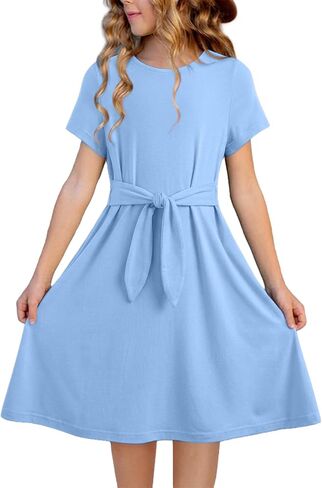 blibean Girls Summer Dress Short Sleeve Tie Knot Sun Dresses with Pockets Size 6-15 Years in Saudi Arabia