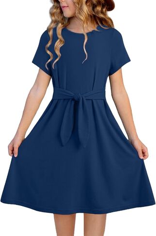 blibean Girls Summer Dress Short Sleeve Tie Knot Sun Dresses with Pockets Size 6-15 Years in Saudi Arabia
