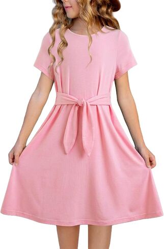 blibean Girls Summer Dress Short Sleeve Tie Knot Sun Dresses with Pockets Size 6-15 Years in Saudi Arabia