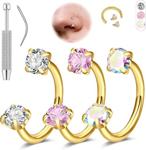 Aidenn 18G Horseshoe Nose Rings for Women, 6-8mm Horseshoe Piercing Jewelry Set Gold & Silver, Double Gem Horse Shoe Nose Rings Hoops Surgical Steel Cartilage Helix Tragus Earring Labret Lip With Tool in Saudi Arabia