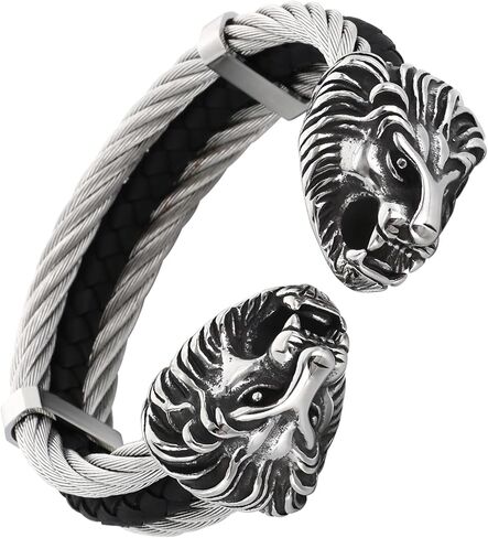 Men's Silver Gold Bracelet Viking Lion Head 316 Stainless Steel Leather Open Cuff Leather and Rope Chain Gothic Vintage Animal Totem Bangle in Saudi Arabia