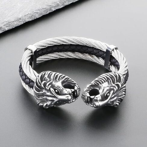 Men's Silver Gold Bracelet Viking Lion Head 316 Stainless Steel Leather Open Cuff Leather and Rope Chain Gothic Vintage Animal Totem Bangle in Saudi Arabia