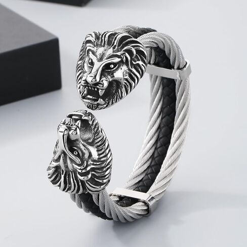 Men's Silver Gold Bracelet Viking Lion Head 316 Stainless Steel Leather Open Cuff Leather and Rope Chain Gothic Vintage Animal Totem Bangle in Saudi Arabia