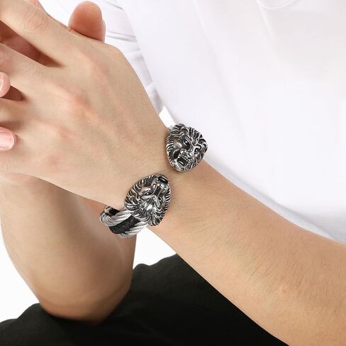 Men's Silver Gold Bracelet Viking Lion Head 316 Stainless Steel Leather Open Cuff Leather and Rope Chain Gothic Vintage Animal Totem Bangle in Saudi Arabia