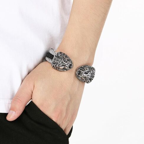 Men's Silver Gold Bracelet Viking Lion Head 316 Stainless Steel Leather Open Cuff Leather and Rope Chain Gothic Vintage Animal Totem Bangle in Saudi Arabia