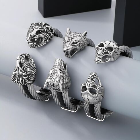 Men's Silver Gold Bracelet Viking Lion Head 316 Stainless Steel Leather Open Cuff Leather and Rope Chain Gothic Vintage Animal Totem Bangle in Saudi Arabia