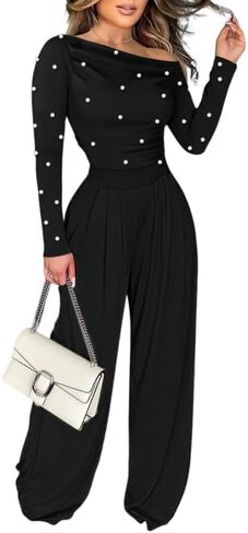Jumpsuits For Women Dressy Pearls Decor Long Sleeve One Piece Outfits For Women Casual Ruched Wide Leg Rompers in Saudi Arabia