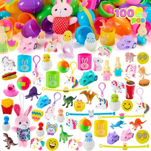 JOYIN 100 PCS Prefilled Easter Eggs with Assorted Toys Plus Stickers Inside, Plastic Eggs for Kids Hunt, Basket Stuffers Fillers, Party Favors, Classroom Prize Supplies in Saudi Arabia