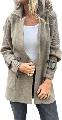 ebossy Women's Double Breasted Wool Pea Coat Notched Lapel Cable Knit Raglan Sleeve Sweater Blazer with Cuff Straps in Saudi Arabia