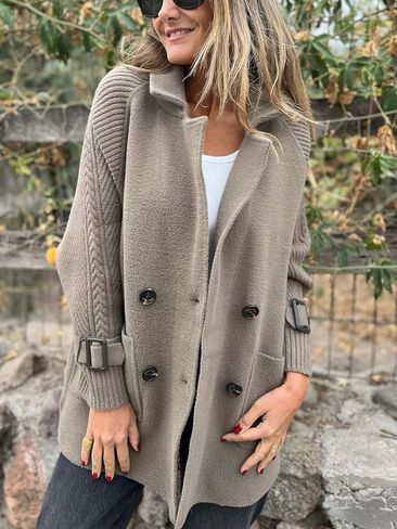 ebossy Women's Double Breasted Wool Pea Coat Notched Lapel Cable Knit Raglan Sleeve Sweater Blazer with Cuff Straps in Saudi Arabia