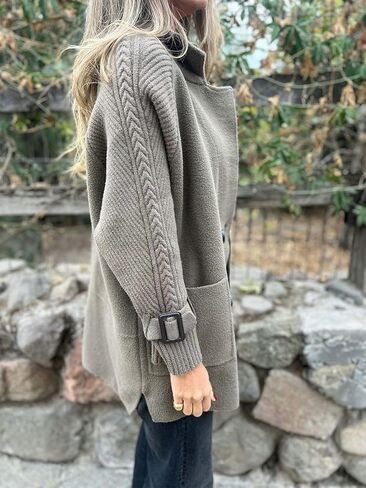 ebossy Women's Double Breasted Wool Pea Coat Notched Lapel Cable Knit Raglan Sleeve Sweater Blazer with Cuff Straps in Saudi Arabia
