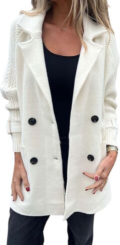 ebossy Women's Double Breasted Wool Pea Coat Notched Lapel Cable Knit Raglan Sleeve Sweater Blazer with Cuff Straps in Saudi Arabia