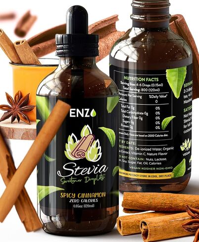 Enzo Liquid Stevia Drops Our Zero Calories Sweetener (4oz - 800 Servings/Bottle) - Cinnamon - All Natural flavoring with No Artificial Additives & Filler Ingredient in Saudi Arabia