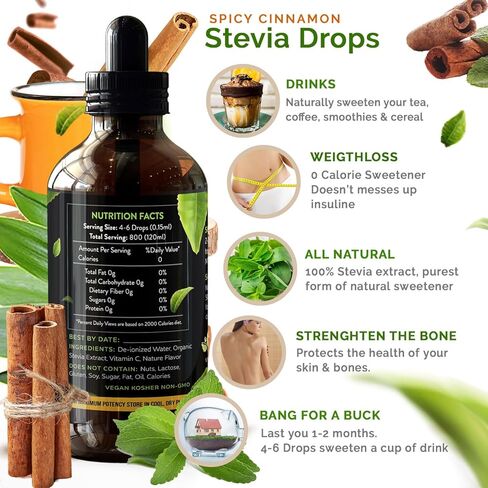Enzo Liquid Stevia Drops Our Zero Calories Sweetener (4oz - 800 Servings/Bottle) - Cinnamon - All Natural flavoring with No Artificial Additives & Filler Ingredient in Saudi Arabia